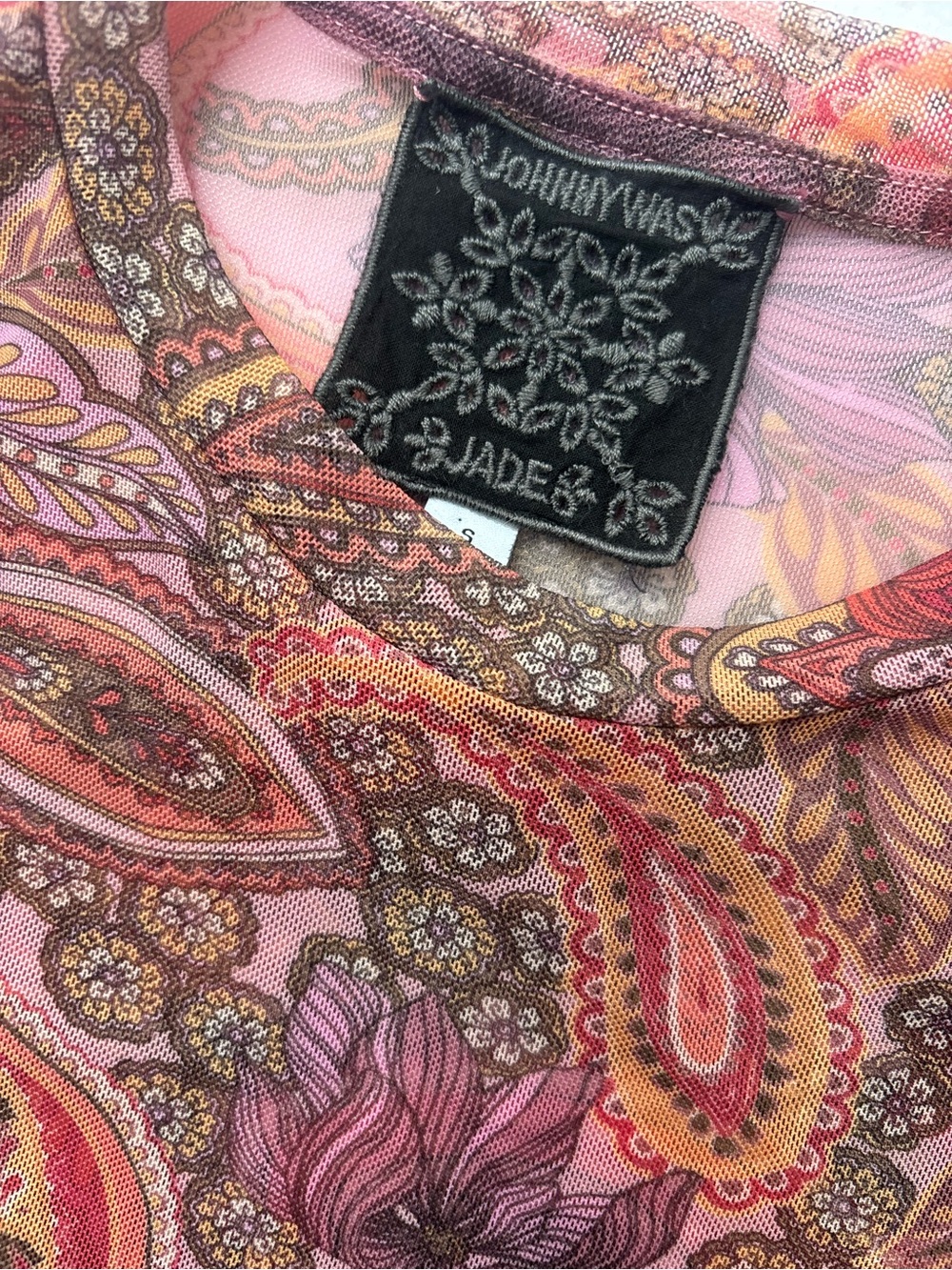 Johnny Was Pink Paisley & Floral Short-Sleeve Tee- Rika Mesh Top - Picture 2 of 8